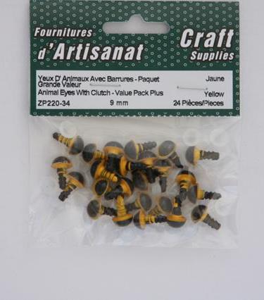 Animal Eyes With Clutch - Value Pack Plus, 9 Mm, 12 Pieces, Jaune