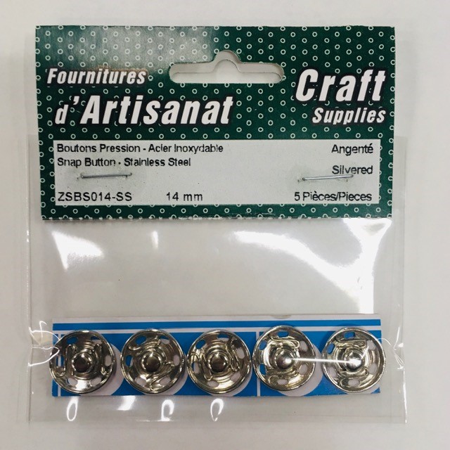 Snap Buttons - Stainless Steel, 14 M., 5 Pieces, Silvered